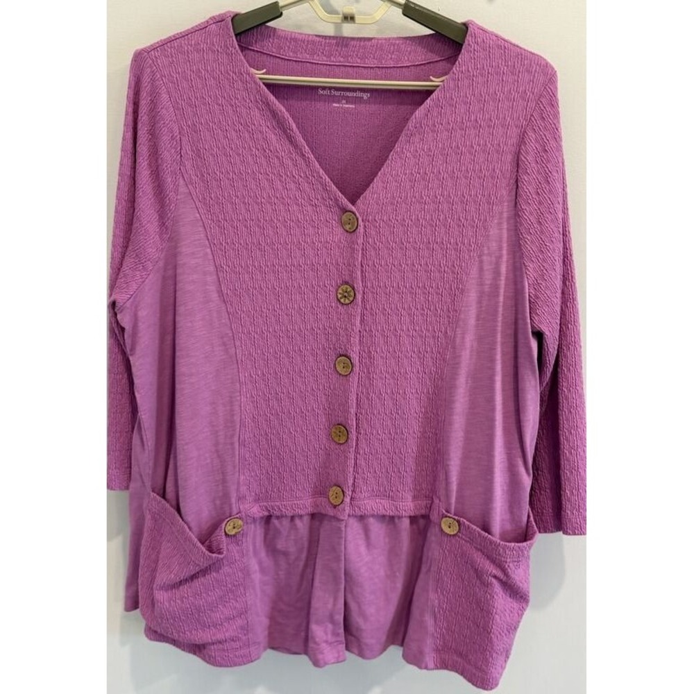 Soft Surroundings Textured Orchid Pink Purple Wood Button Cardigan Pockets 2X